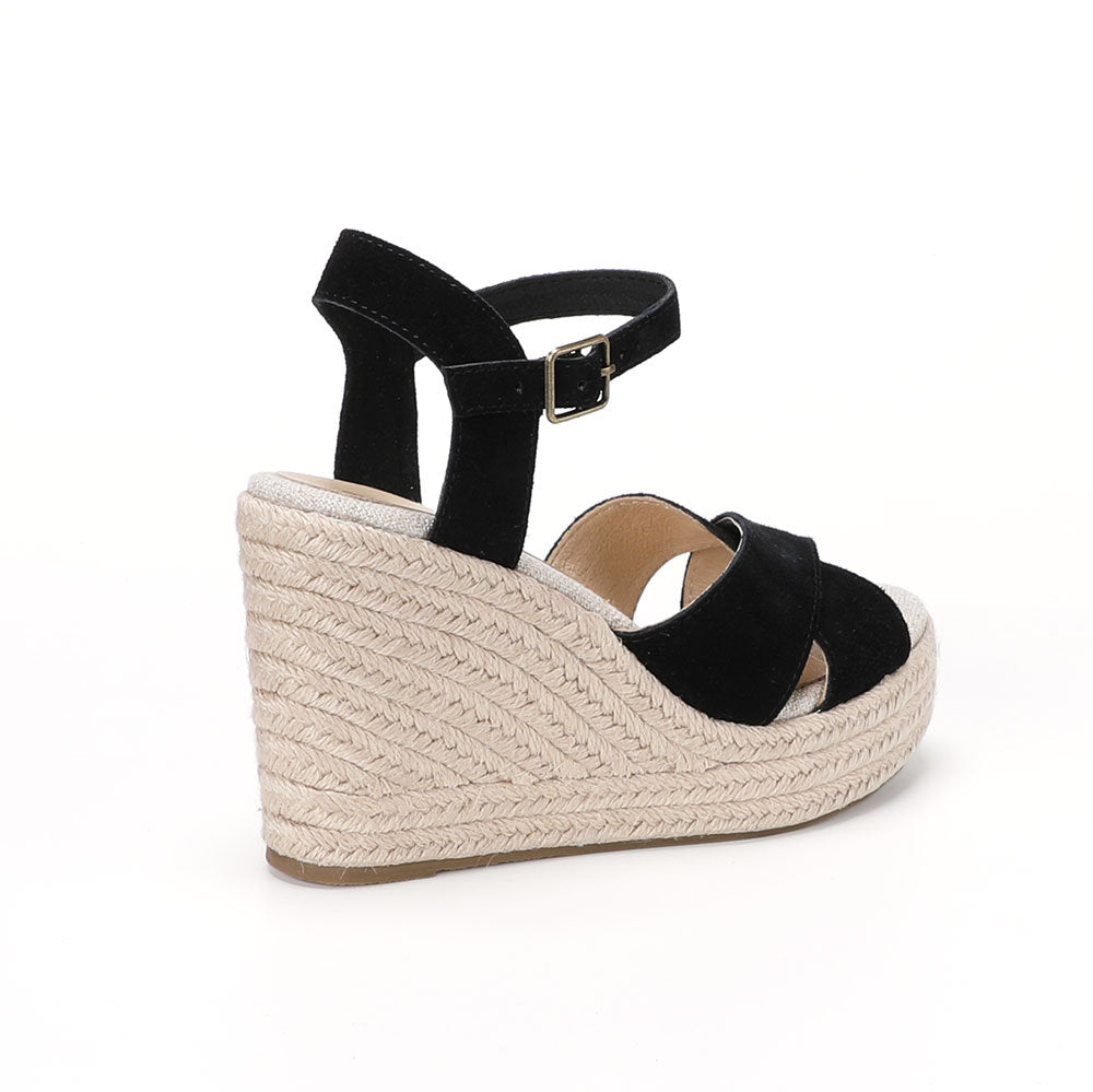 Black cow suede cross-strap wedge sandals W-S910, view 3