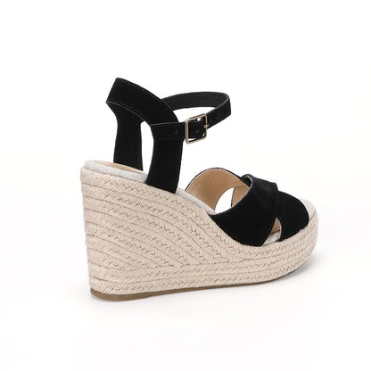 Black cow suede cross-strap wedge sandals W-S910, view 3