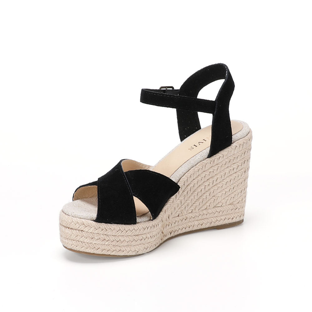 Black cow suede cross-strap wedge sandals W-S910, view 4