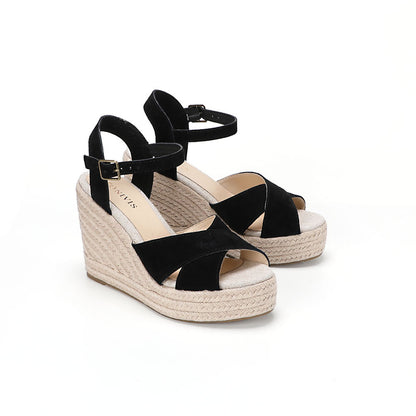Black cow suede cross-strap wedge sandals W-S910, view 5