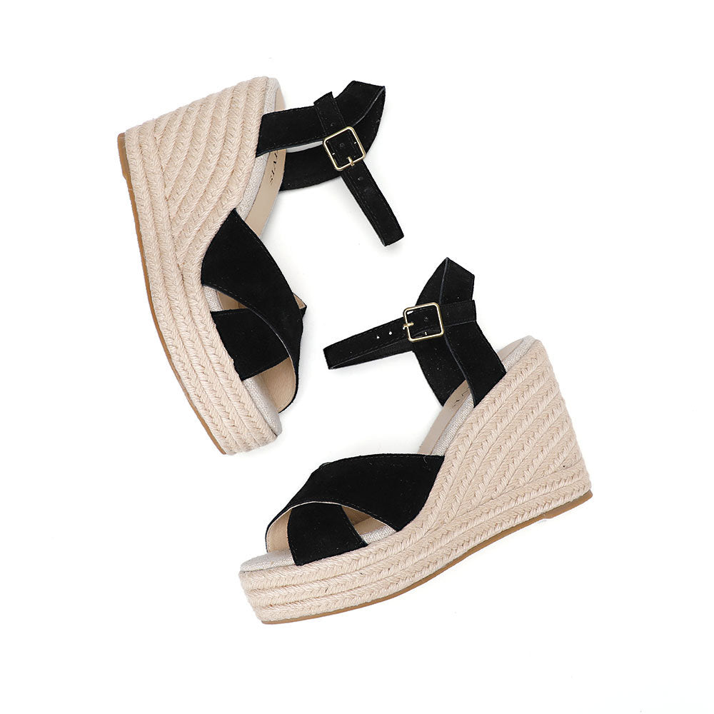 Black cow suede cross-strap wedge sandals W-S910, view 6