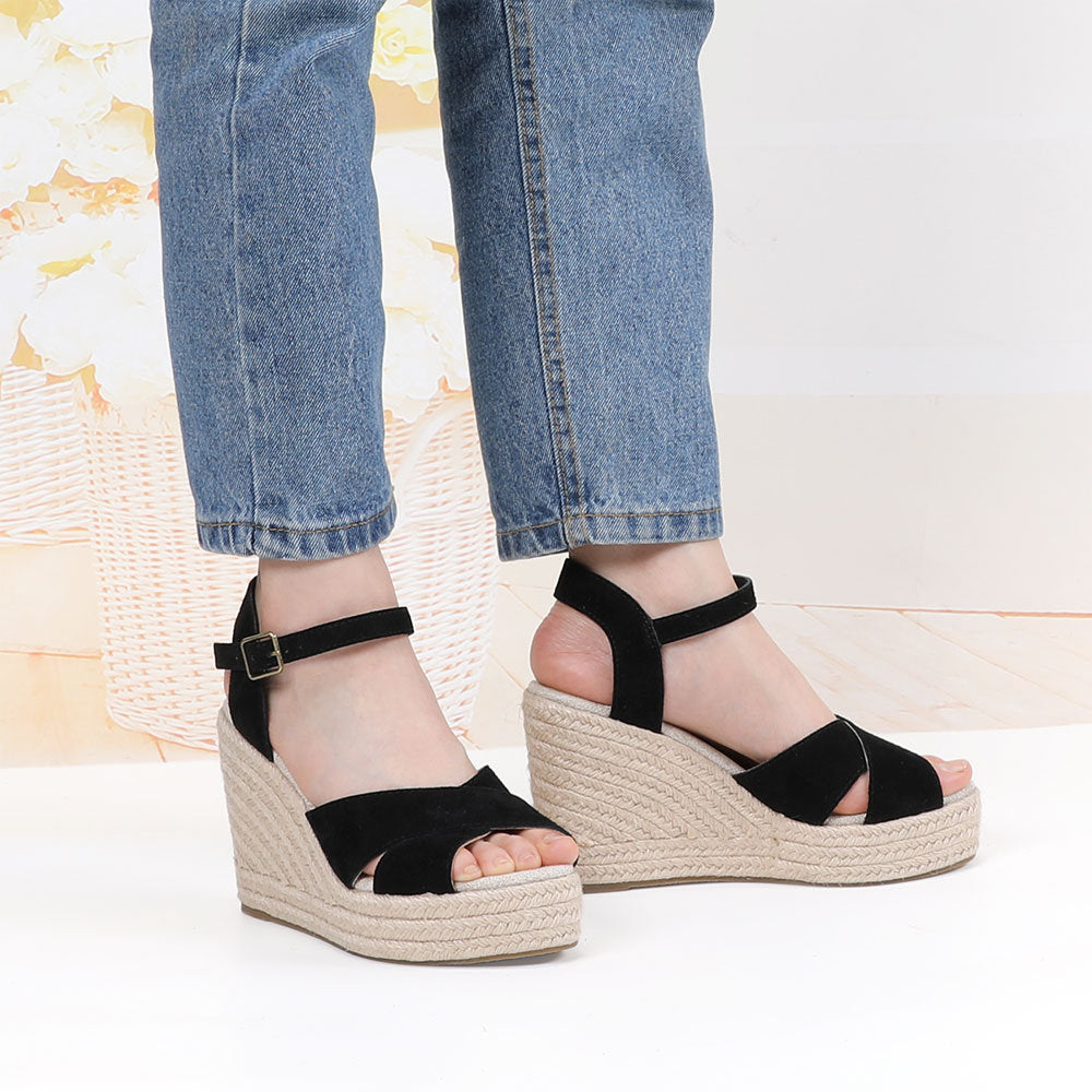 Black cow suede cross-strap wedge sandals W-S910, view 7