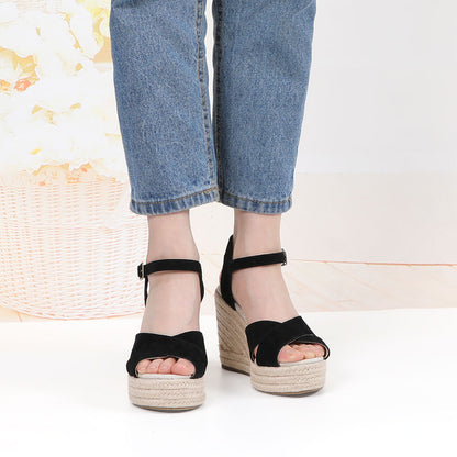 Black cow suede cross-strap wedge sandals W-S910, view 8