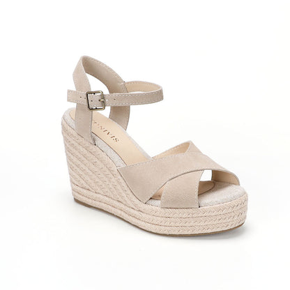 Beige cow suede cross-strap wedge sandals W-S911, view 1