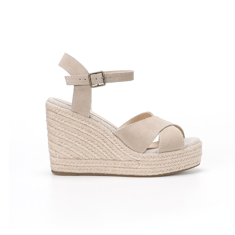 Beige cow suede cross-strap wedge sandals W-S911, view 2
