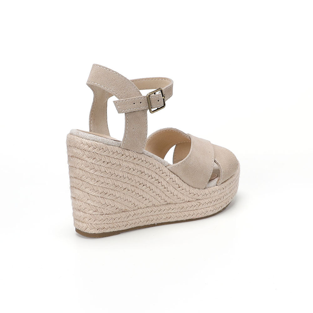 Beige cow suede cross-strap wedge sandals W-S911, view 3