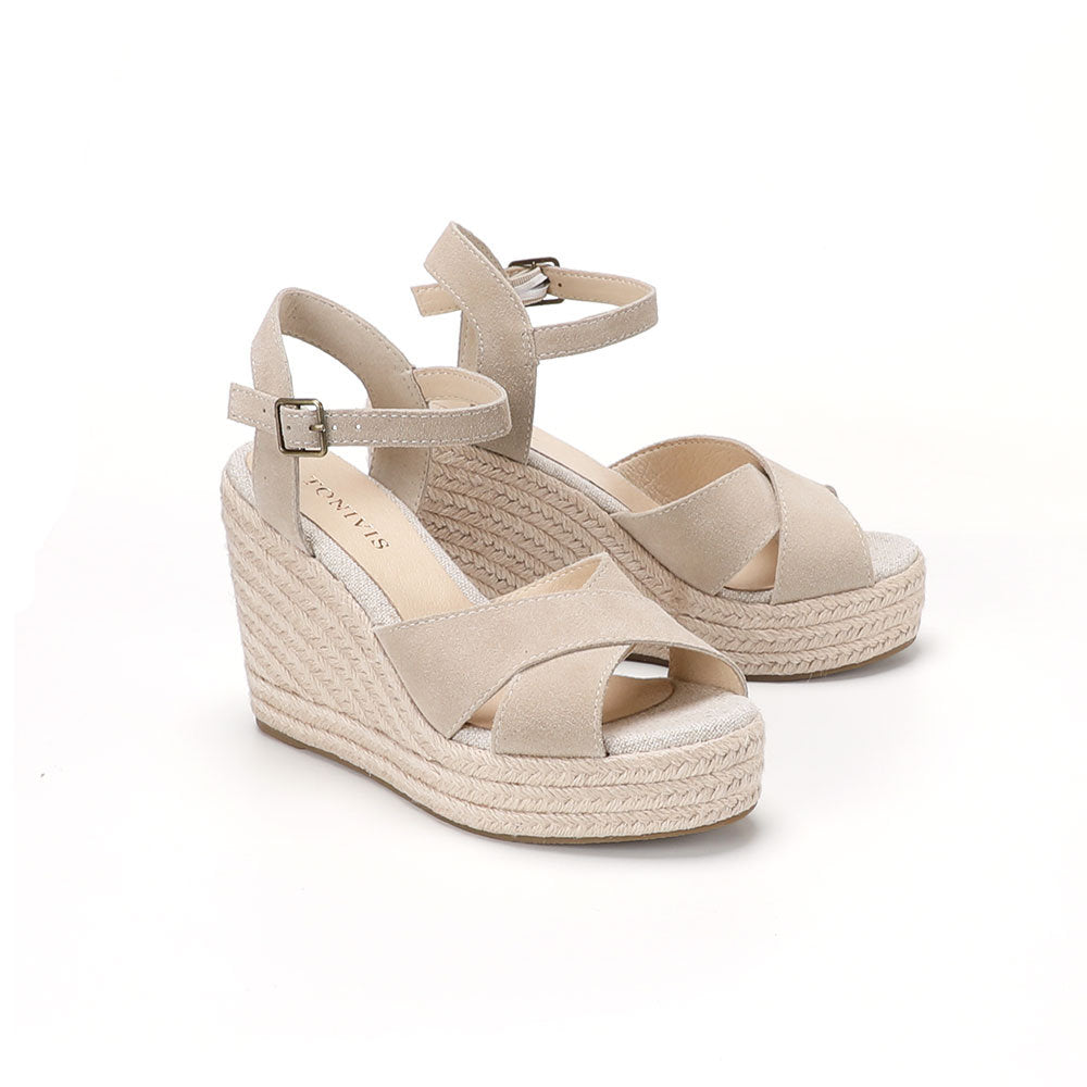 Beige cow suede cross-strap wedge sandals W-S911, view 5