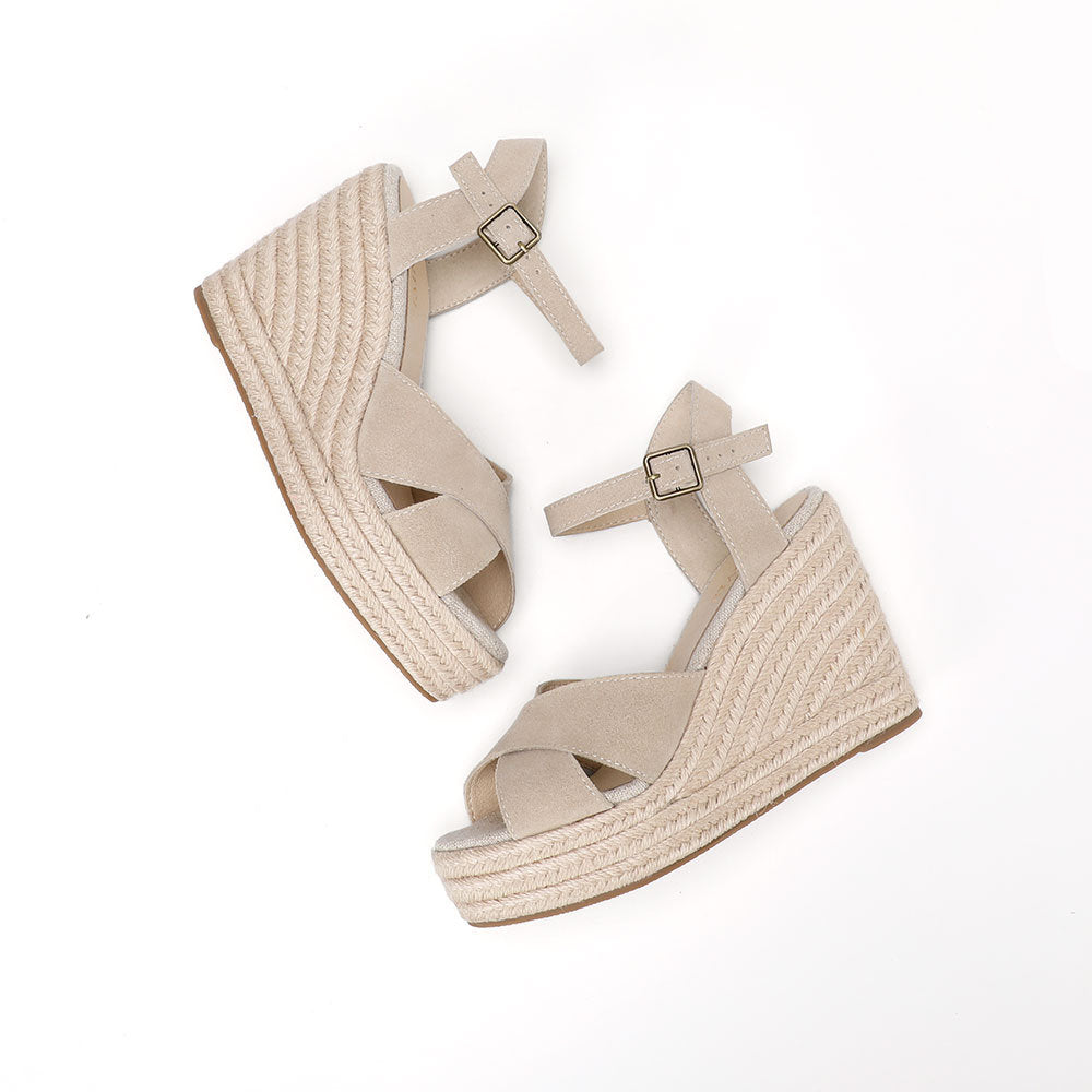 Beige cow suede cross-strap wedge sandals W-S911, view 6