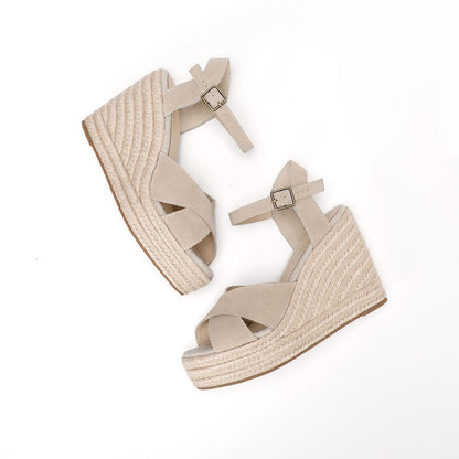 Beige cow suede cross-strap wedge sandals W-S911, view 6