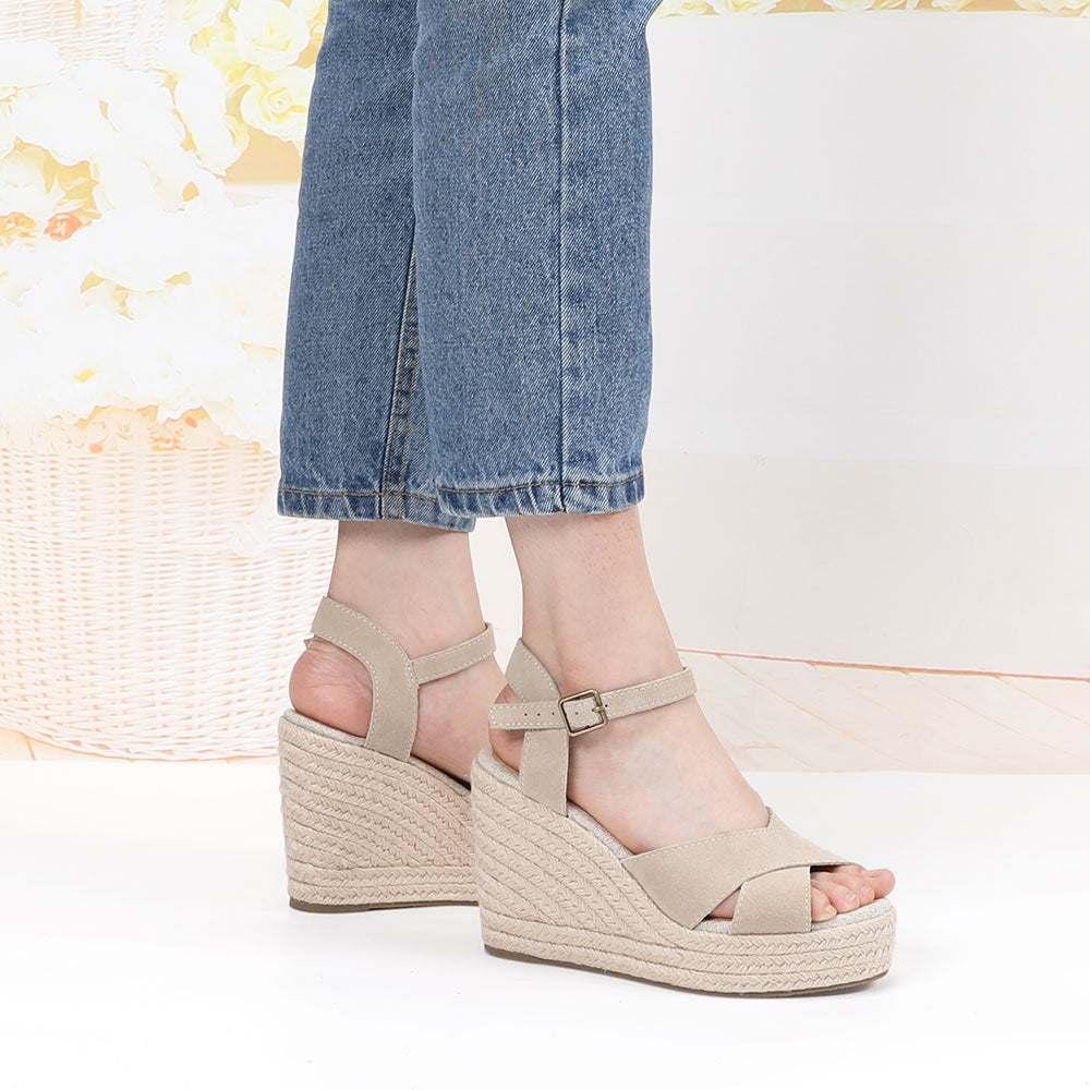 Beige cow suede cross-strap wedge sandals W-S911, view 7
