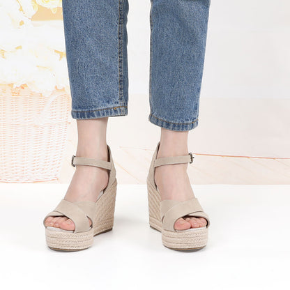 Beige cow suede cross-strap wedge sandals W-S911, view 8