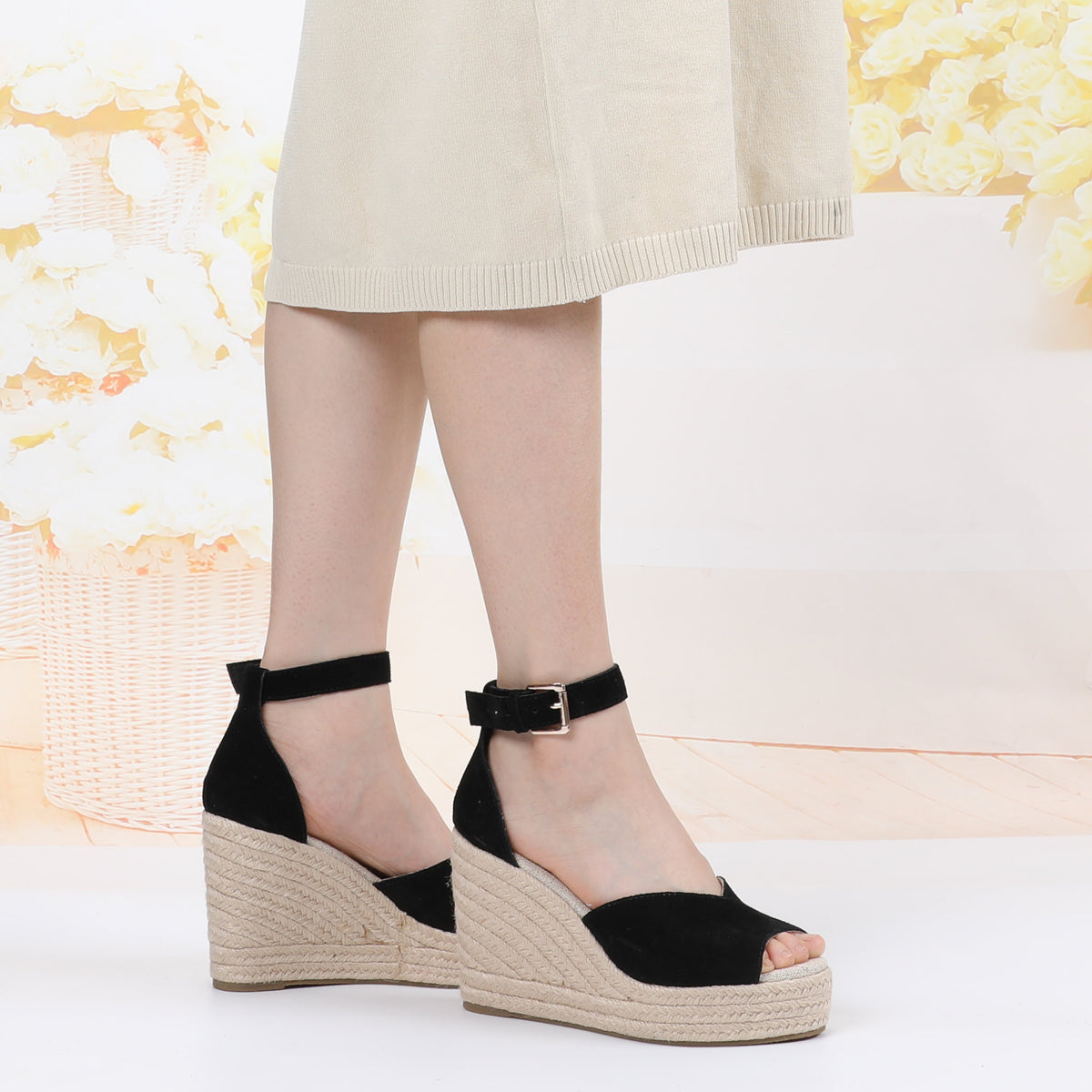 W-S923 Black Espadrille Wedges