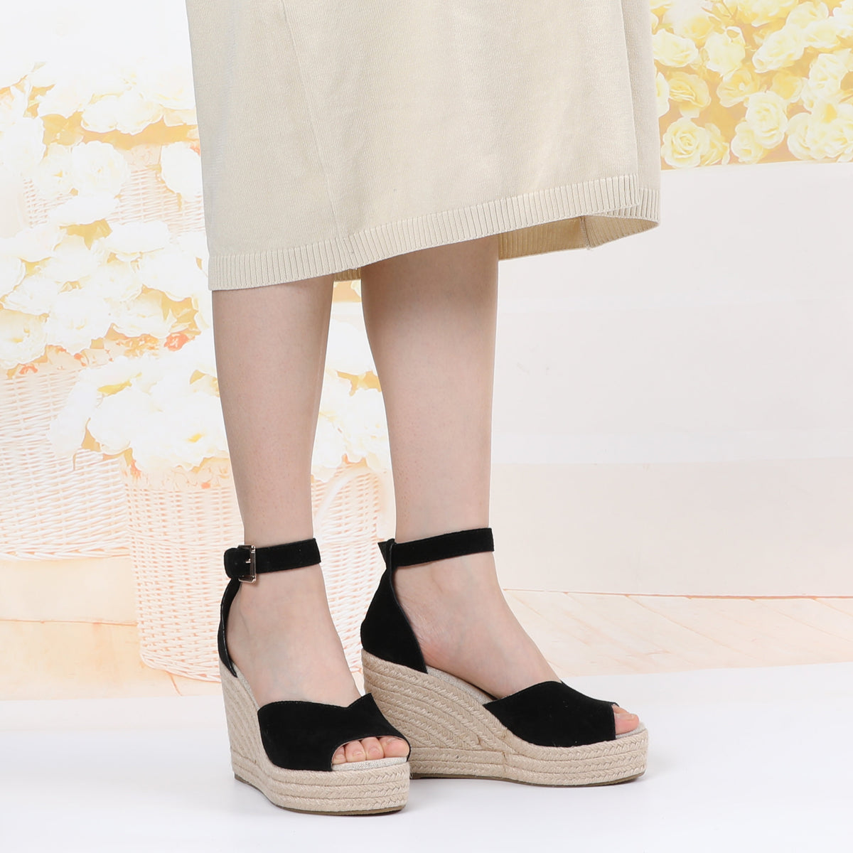 W-S923 Black Espadrille Wedges