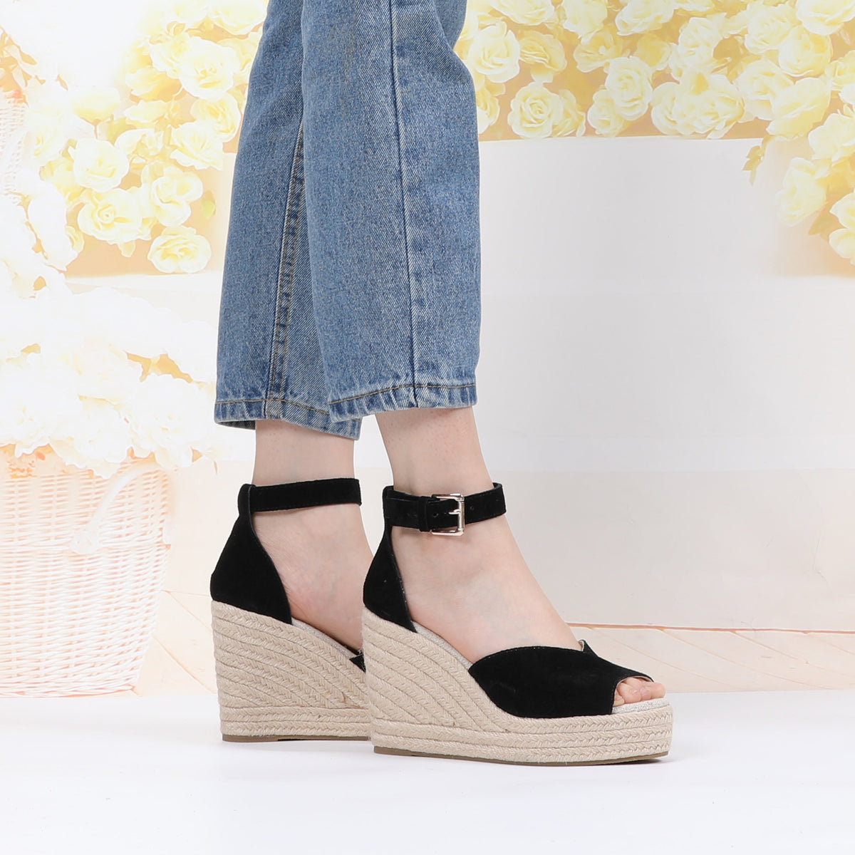 W-S923 Black Espadrille Wedges