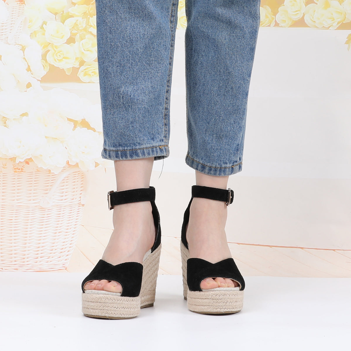 W-S923 Black Espadrille Wedges