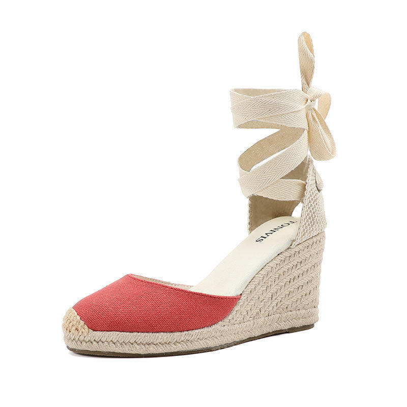 W-S925 Linen Red Espadrille Wedges