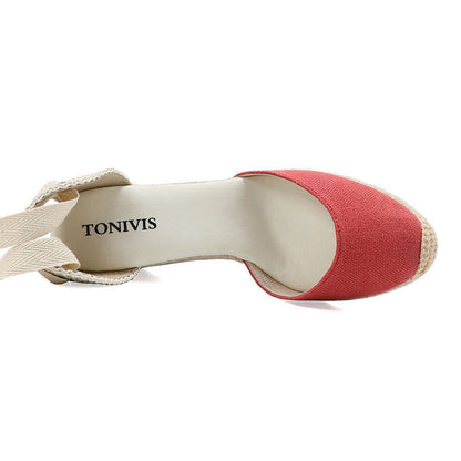 W-S925 Linen Red Espadrille Wedges