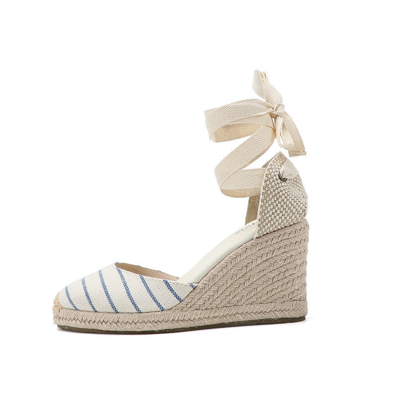 W-S928 Blue White Stripes Espadrille Wedges
