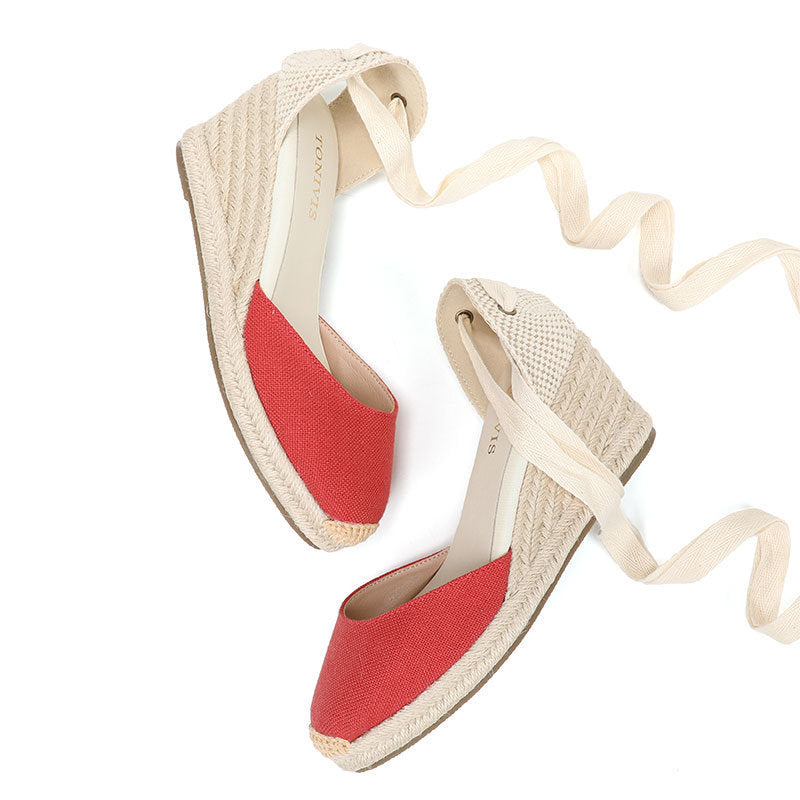 W-S938 Linen Red Espadrille Wedges