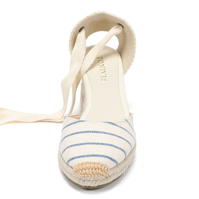 W-S940 Blue White Stripes Espadrille Wedges