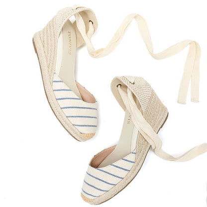 W-S940 Blue White Stripes Espadrille Wedges