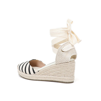 W-S942 Black Beige Stripes Espadrille Wedges