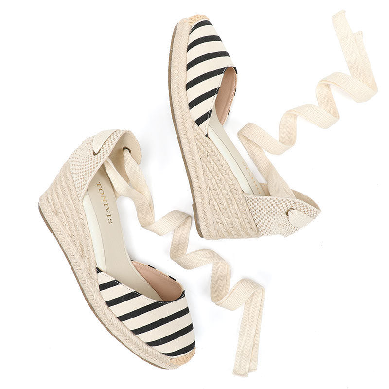 W-S942 Black Beige Stripes Espadrille Wedges