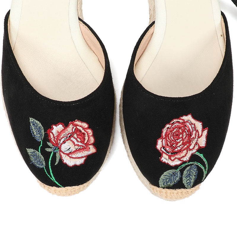W-S943 Black Rose Espadrille Wedges