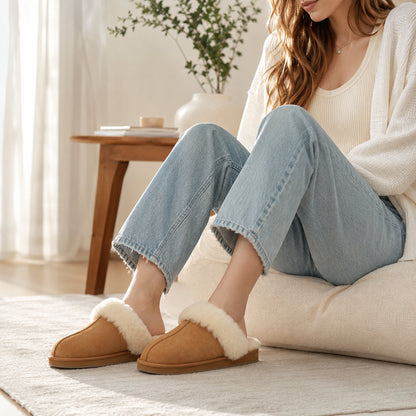 TONIVIS women's chestnut genuine leather slippers with 100% wool lining - view 7