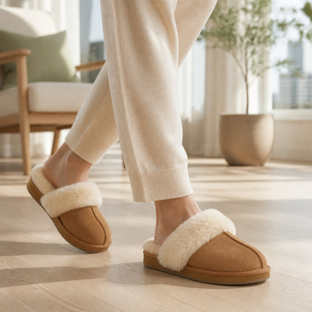 TONIVIS women's chestnut genuine leather slippers with 100% wool lining - view 15