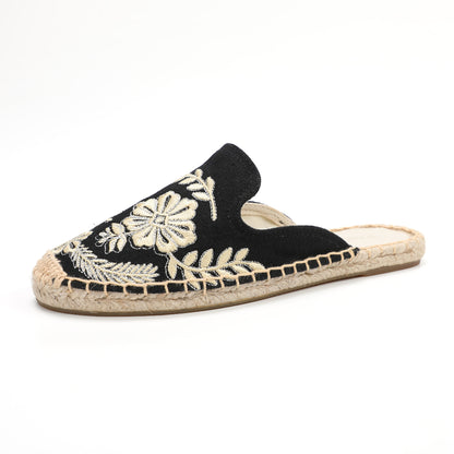 Women's Embroidered Espadrille Mule Flats | Floral Summer Slip-On Shoes