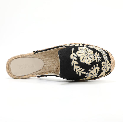 Women's Embroidered Espadrille Mule Flats | Floral Summer Slip-On Shoes