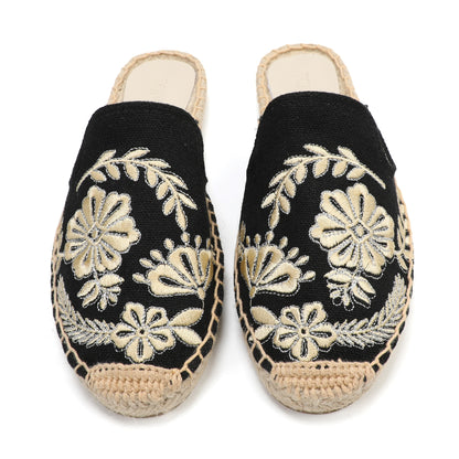 Women's Embroidered Espadrille Mule Flats | Floral Summer Slip-On Shoes