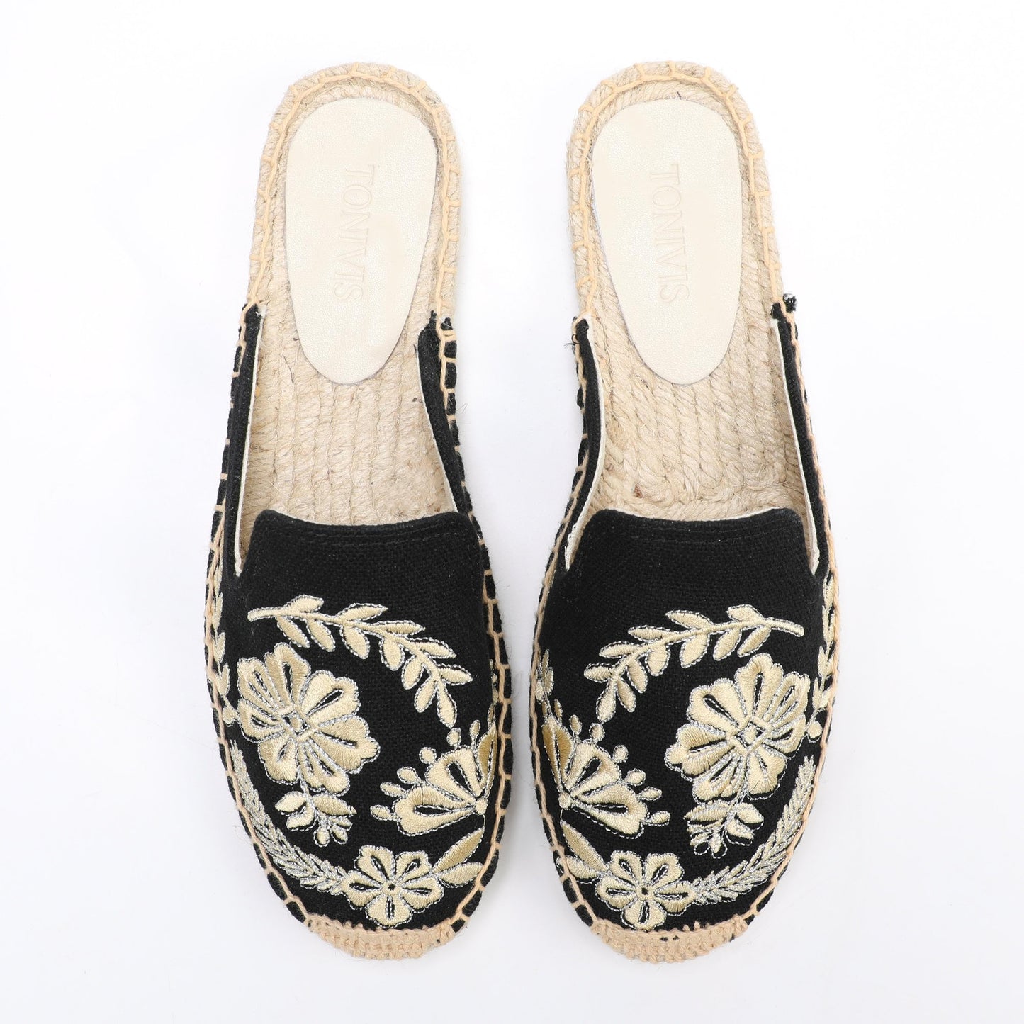 Women's Embroidered Espadrille Mule Flats | Floral Summer Slip-On Shoes
