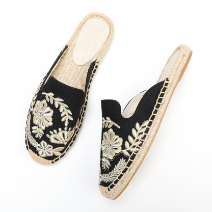 Women's Embroidered Espadrille Mule Flats | Floral Summer Slip-On Shoes