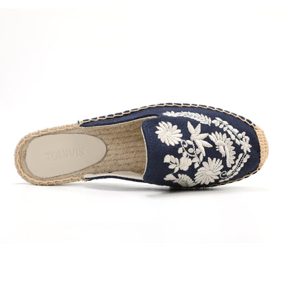 Women's Embroidered Espadrille Mule Flats | Floral Summer Slip-On Shoes