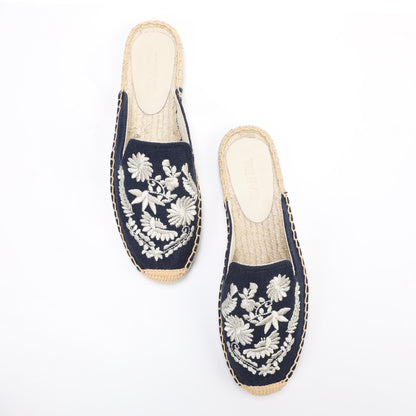 Women's Embroidered Espadrille Mule Flats | Floral Summer Slip-On Shoes