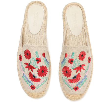 Women's Embroidered Espadrille Mule Flats | Floral Summer Slip-On Shoes