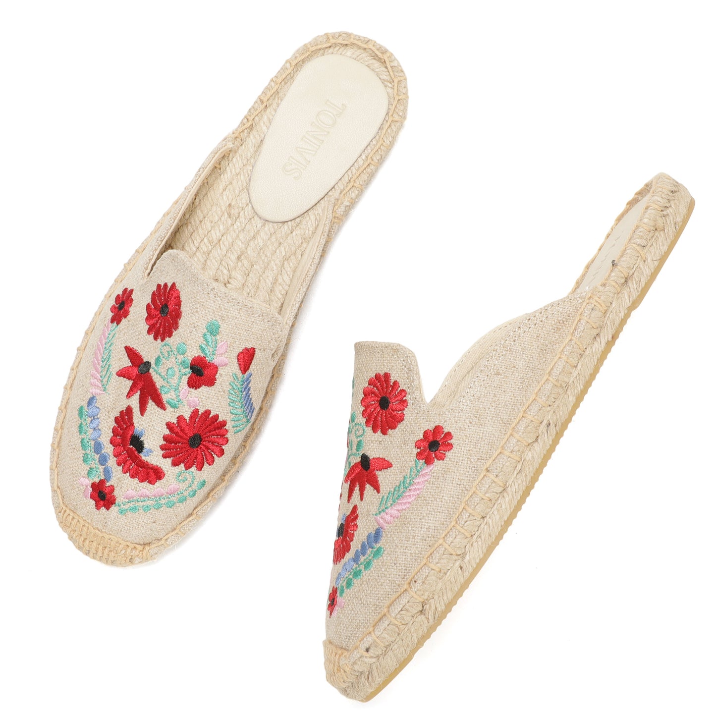 Women's Embroidered Espadrille Mule Flats | Floral Summer Slip-On Shoes
