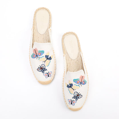 Women's Embroidered Espadrille Mule Flats | Floral Summer Slip-On Shoes