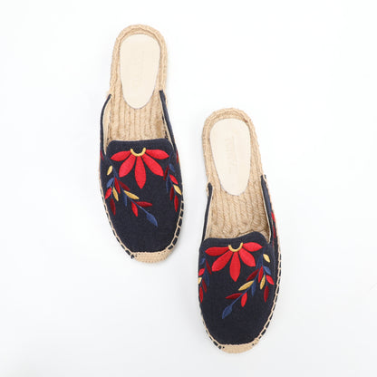 Lavender Embroidered Linen Espadrille Mules for Women