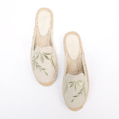 Lavender Embroidered Linen Espadrille Mules for Women