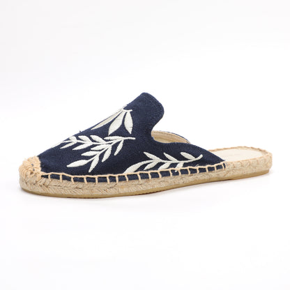 Lavender Embroidered Linen Espadrille Mules for Women