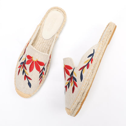 Lavender Embroidered Linen Espadrille Mules for Women