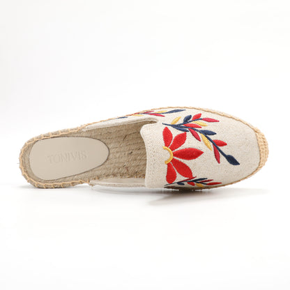 Lavender Embroidered Linen Espadrille Mules for Women