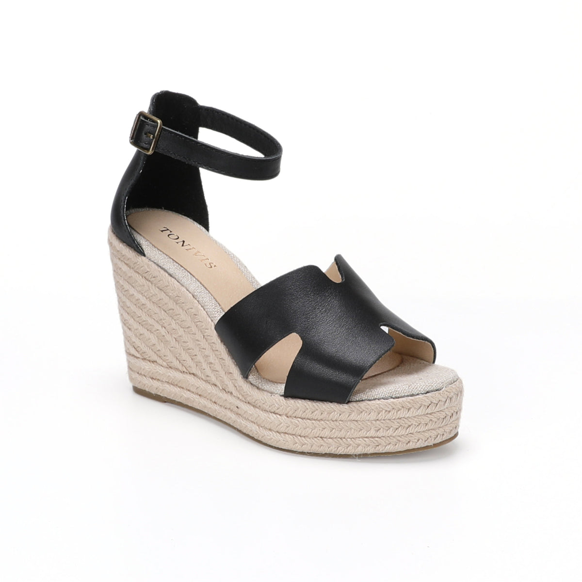 TONIVIS women's black leather platform wedge sandals front view