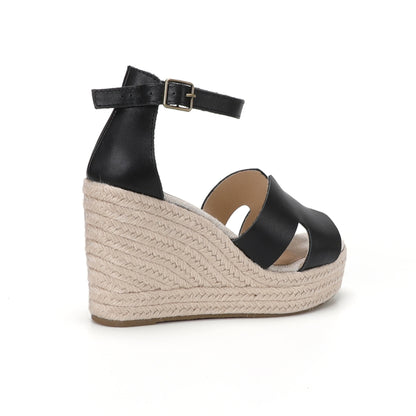 TONIVIS women's black leather platform wedge sandals rear view