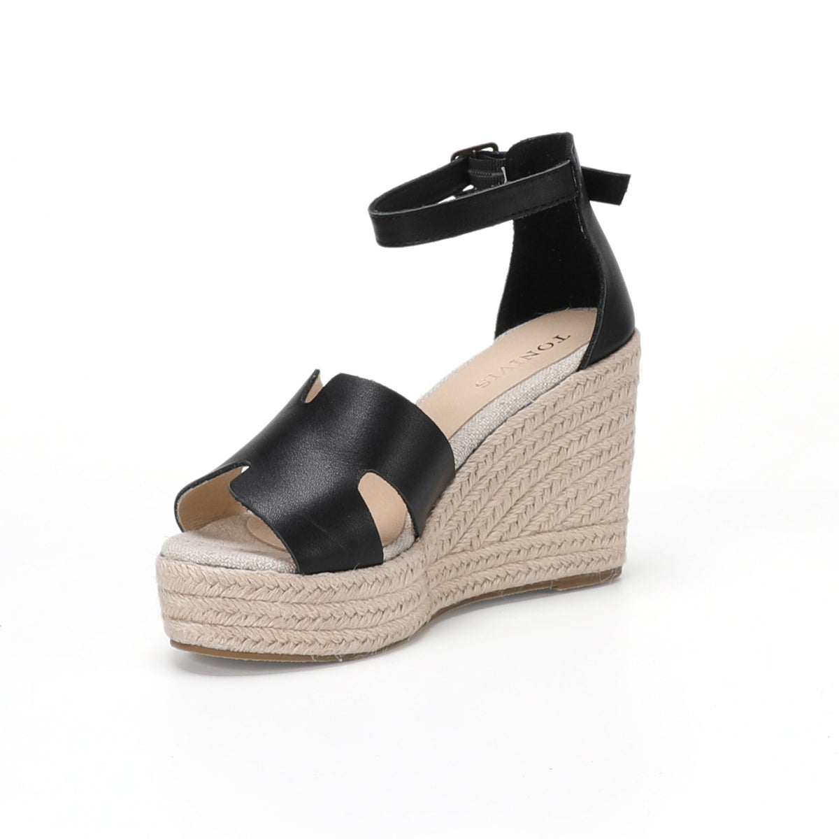 TONIVIS women's black leather platform wedge sandals angle view