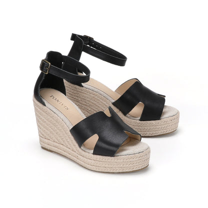 TONIVIS women's black leather platform wedge sandals pair