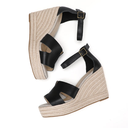 TONIVIS women's black leather platform wedge sandals overhead pair